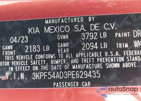 2023 Kia Forte Gt-Line из США, поврежденный, VIN 3KPF54AD3PE629435